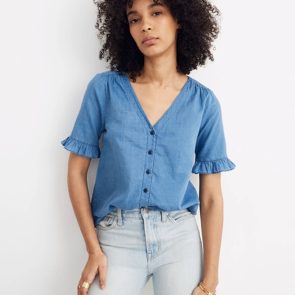 Madewell Village Ruffle-Sleeve Shirt Indigo Lakerock Blouse (XS)